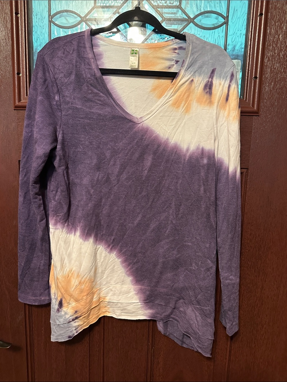 GreenTea Tie-Dye V-Neck Long Sleeve Top - Purple & Orange